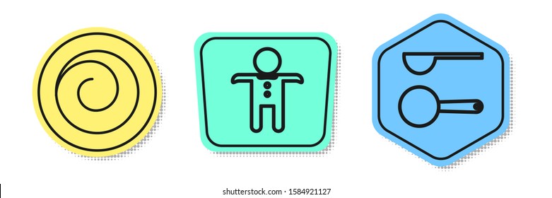 Set line Roll bun with cinnamon , Holiday gingerbread man cookie  and Measuring spoon . Colored shapes. Vector