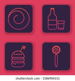 Set line Roll bun with cinnamon , Burger , Glass bottle with milk and glass  and Strainer spoon . Blue square button. Vector