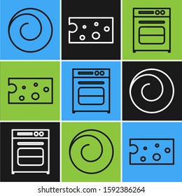 Set line Roll bun with cinnamon , Oven  and Cheese  icon. Vector