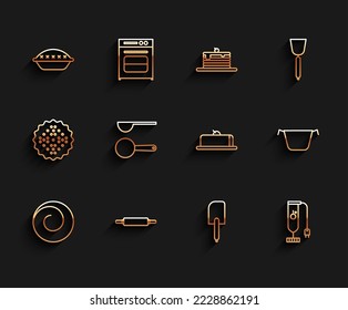 Set line Roll bun with cinnamon, Rolling pin, Homemade pie, Spatula, Blender, Measuring spoon, Cooking pot and Strawberry cheesecake slice icon. Vector