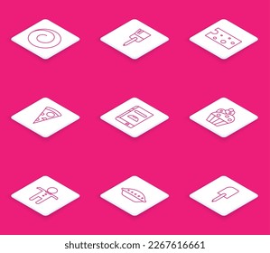 Set line Roll bun with cinnamon, Kitchen brush, Cheese, Slice of pizza, Cookbook, Cupcake, Holiday gingerbread man cookie and Homemade pie icon. Vector