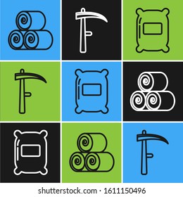 Set line Roll of hay, Bag of flour and Scythe icon. Vector