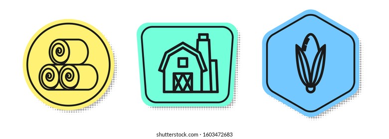 Set line Roll of hay, Farm House concept and Corn. Colored shapes. Vector