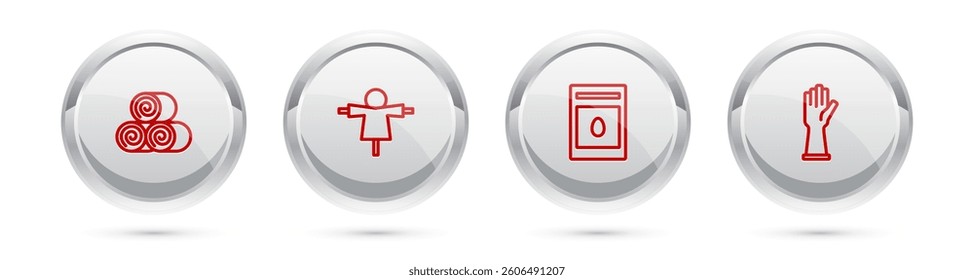Set line Roll of hay, Scarecrow, Pack full seeds plant and Rubber gloves. Silver circle button. Vector