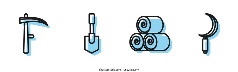 Set line Roll of hay, Scythe, Shovel and Sickle icon. Vector