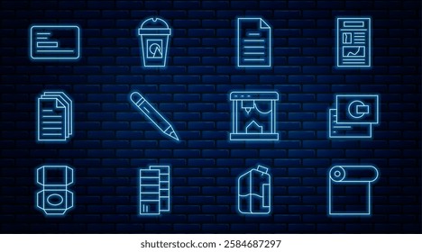 Set line Roll of paper, Business card, File document, Pencil with eraser, 3D printer and Coffee cup to go icon. Vector