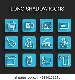 Set line Roll of paper, Paint bucket, Printer, Text, Binder clip, RGB color mixing and Scanner icon. Vector