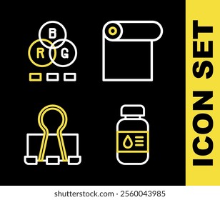 Set line Roll of paper, Printer ink bottle, Binder clip and RGB color mixing icon. Vector