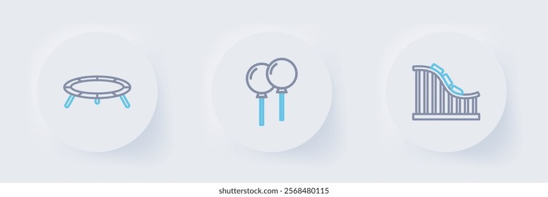 Set line Roller coaster, Balloons with ribbon and Jumping trampoline icon. Vector