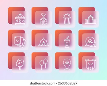 Set line Roller coaster, Balloons with ribbon, Paper glass water, Circus tent, Popcorn in cardboard box, Attraction carousel and Unicycle icon. Vector