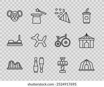 Set line Roller coaster, Circus tent, Festive confetti, Bowling pin, Monkey, Balloon dog, Attraction carousel and  icon. Vector