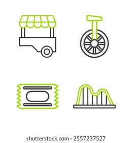 Set line Roller coaster, Circus ticket, Unicycle or one wheel bicycle and Fast street food cart icon. Vector