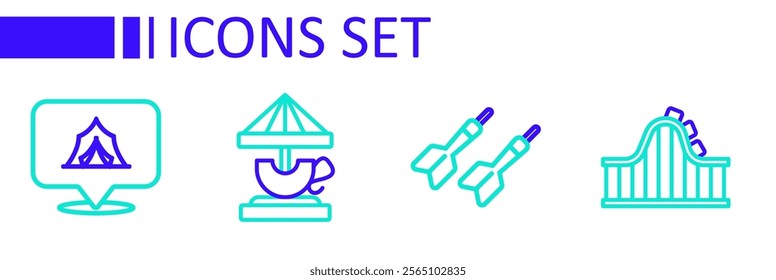 Set line Roller coaster, Dart arrow, Attraction carousel and Circus tent icon. Vector