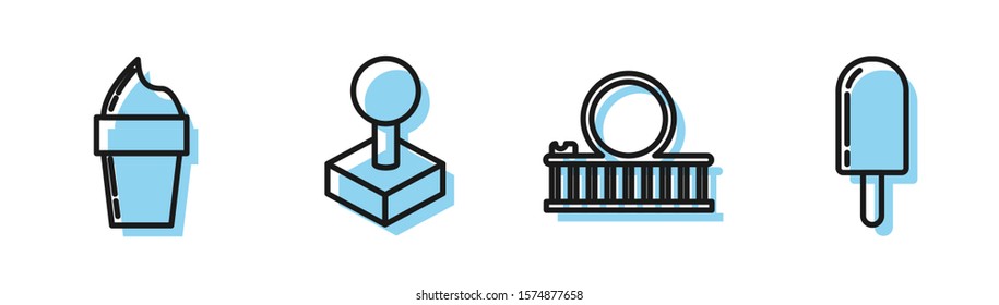 Set line Roller coaster, Ice cream in waffle cone, Joystick for arcade machine and Ice cream icon. Vector
