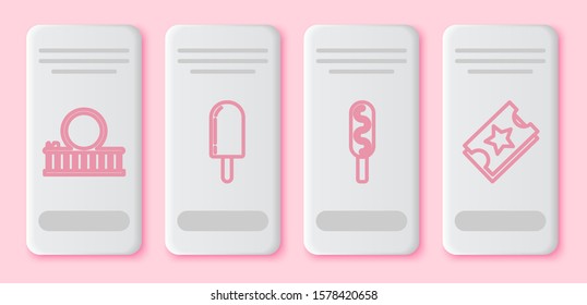 Set line Roller coaster, Ice cream, Corn dog and Ticket. White rectangle button. Vector