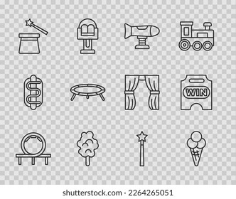 Set line Roller coaster, Ice cream in waffle cone, Swing plane, Cotton candy, Magic hat wand, Jumping trampoline,  and Circus ticket icon. Vector