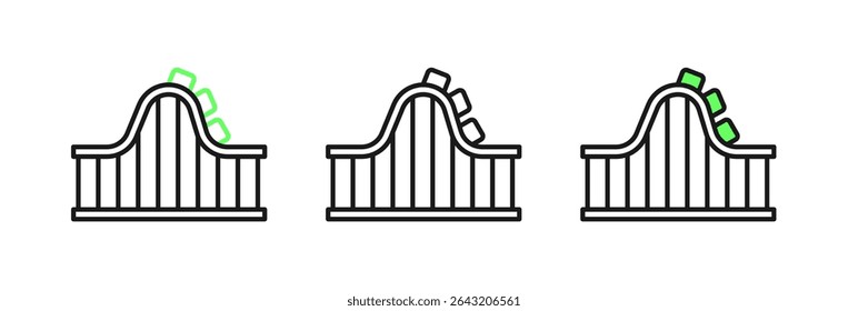Set line Roller coaster icon isolated on white background. Amusement park. Childrens entertainment playground, recreation park.  Vector