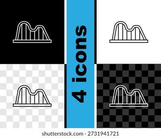 Set line Roller coaster icon isolated on black and white, transparent background. Amusement park. Childrens entertainment playground, recreation park.  Vector