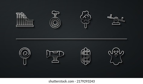 Ponga en línea la montaña rusa, el langostino, el siembra, el bocadillo Hotdog, el avión de remo, la bicicleta uniciclo o una rueda, el icono de los caramelos Ghost y Cotton. Vector