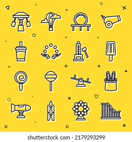 Set line Roller coaster, Magician hat and rabbit ears, Ice cream, Juggling ball, Paper glass with water, Attraction carousel and Striker attraction hammer icon. Vector