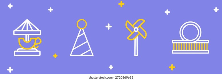 Montaña rusa, juguete del molinete, sombrero del partido e icono del carrusel de la atracción. Vector