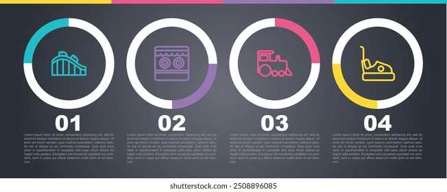 Set line Roller coaster, Shooting gallery, Toy train and Bumper car. Business infographic template. Vector