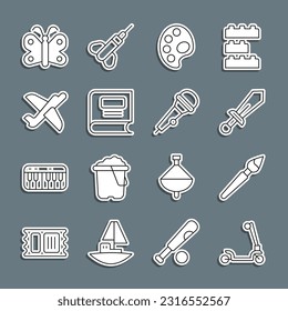 Set line Roller scooter, Paint brush, Sword toy, Palette, Book, Toy plane, Butterfly and Microphone icon. Vector