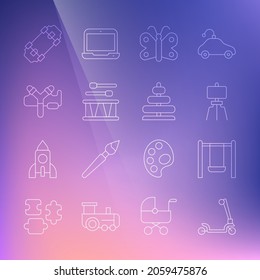 Set line Roller scooter, Swing, Wood easel, Butterfly, Drum with drum sticks, Slingshot, Skateboard and Pyramid toy icon. Vector