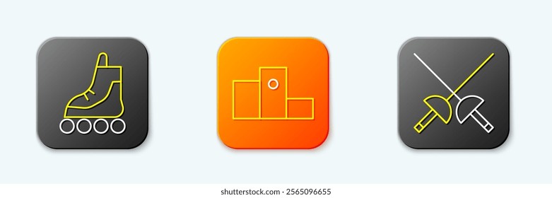 Set line Roller skate, Award over sports winner podium and Fencing icon. Vector