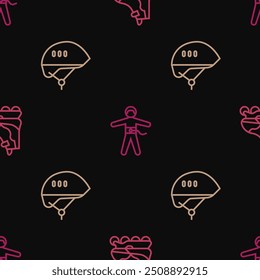 Set line Roller skate, Bicycle helmet and Bungee jumping on seamless pattern. Vector