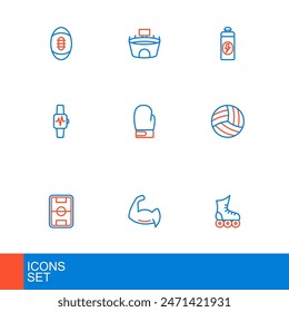 Set line Roller skate, Bodybuilder showing his muscles, Football field, Volleyball, Smart watch with heart, Boxing glove, Fitness shaker and Stadium icon. Vector