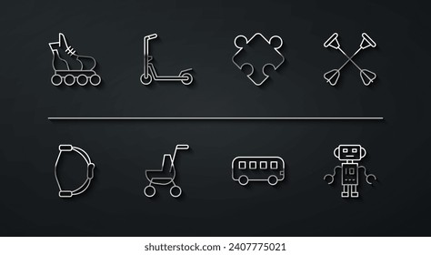 Fijar la línea Patinaje sobre rodillos, juguete de Bow, flecha con punta de sucker, bus, coche de bebé, Scooter, robot y piezas de rompecabezas icono. Vector
