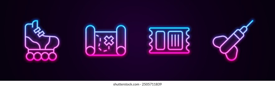 Set line Roller skate, Pirate treasure map, Circus ticket and Dart arrow. Glowing neon icon. Vector