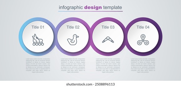 Patín de rodillos, pato de goma, Boomerang y Fidget spinner. Plantilla de infografía de negocios. Vector