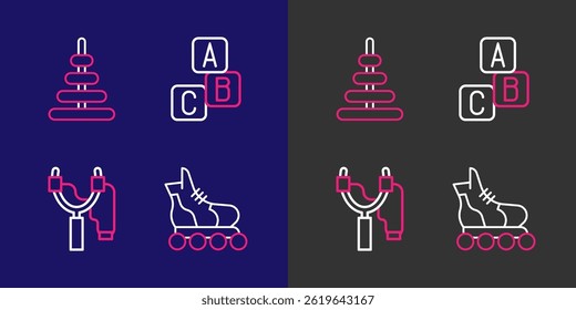 Set line Roller skate, Slingshot, ABC blocks and Pyramid toy icon. Vector