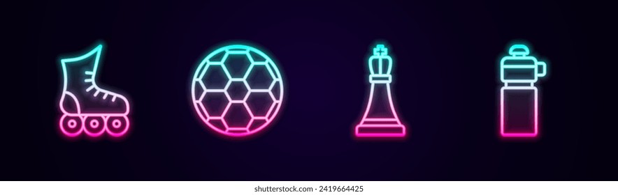 Set line Roller skate, Soccer football ball, Chess and Fitness shaker. Glowing neon icon. Vector
