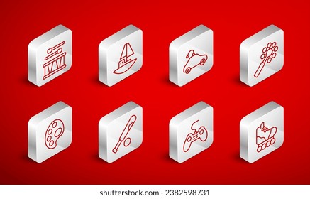 Set line Roller skate, Toy boat, Radio controlled car toy, Rattle baby, Gamepad, Drum with drum sticks, Baseball bat ball and Palette icon. Vector