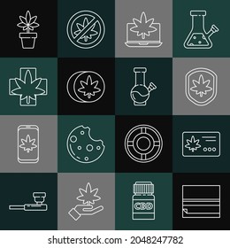 Fijar la línea Papel rodante, Hoja de calendario y marihuana, Escudo, Portátil o cannabis, Comprimidos de éxtasis herbal, Medicina, Planta de Marihuana y Bong de vidrio para ícono de fumar. Vector