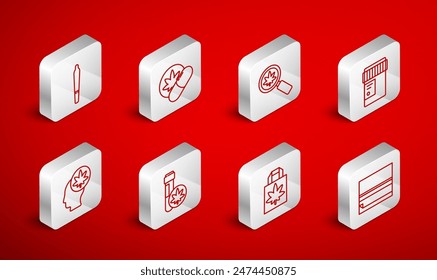 Set line Rolling paper, Tabletas de éxtasis a base de hierbas, Lupa y marihuana, Botella médica con cannabis, Bolsa de compras de marihuana, Junta de marihuana, Tubo de prueba químico y Cabeza o icono. Vector