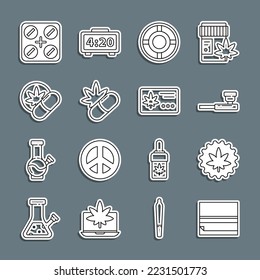 Set-Linie Rolling-Papier, Marijuana oder Cannabis Blatt, Rauchpfeife, Ashtray, Medical Pillen mit Marihuana, Herbal Ecstasy Tabletten, Kalender und Symbol. Vektorgrafik