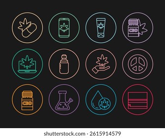 Set line Rolling paper, Peace, Medical cream with marijuana, Marijuana or cannabis olive oil, Laptop and, pills, leaf and Mobile icon. Vector