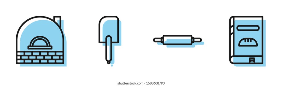 Set line Rolling pin , Brick stove , Spatula  and Cookbook  icon. Vector