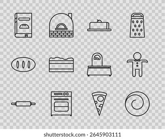 Set line Rolling pin, bun with cinnamon, Strawberry cheesecake slice, Oven, Cookbook, Brownie chocolate, Slice of pizza and Holiday gingerbread man cookie icon. Vector