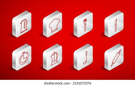 Set line Rolling pin, Chef hat, Fork, Knife, Kitchen ladle, Kettle with handle, French press and timer icon. Vector
