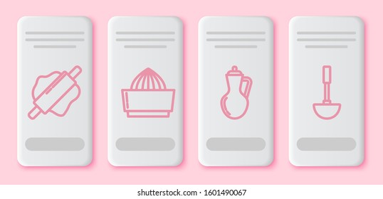 Set line Rolling pin , Citrus fruit juicer , Bottle of olive oil  and Kitchen ladle . White rectangle button. Vector