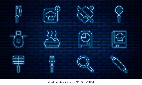 Set line Rolling pin, Cookbook, Cutting board and knife, Bowl of hot soup, Kitchen apron, Meat chopper, timer and Chef hat icon. Vector