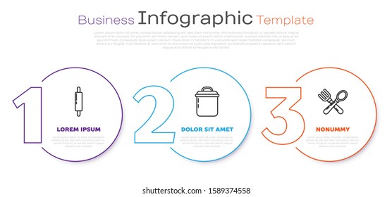 Set line Rolling pin , Cooking pot  and Crossed fork and spoon . Business infographic template. Vector