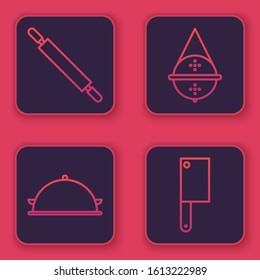 Set line Rolling pin, Covered with a tray of food, Ball tea strainer and Meat chopper. Blue square button. Vector