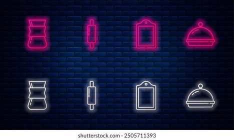 Set line Rolling pin, Cutting board, Coffee turk and Covered with tray food. Glowing neon icon on brick wall. Vector