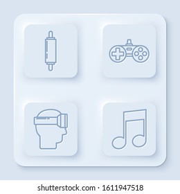 Set line Rolling pin, Gamepad, Virtual reality glasses and Music note, tone. White square button. Vector